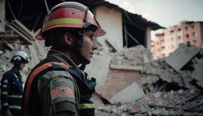 A major earthquake's aftereffects, including a destroyed city and multi-story buildings, are being cleaned up by rescuers wearing uniforms and helmets. Generative Ai.