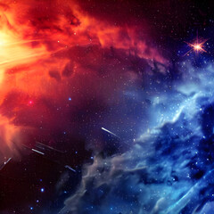 Hot and Cool Coloured Space Nepula with Shooting Stars - obrazy, fototapety, plakaty