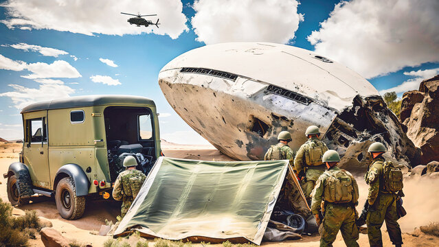 Roswell incident recovery action with old military truck some soldiers and green army tent in front of big round silver white ufo alien space ship crash site helicopter flying in sky, generative AI