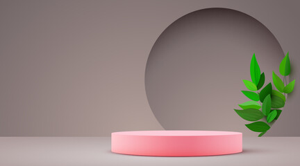 Abstract eco scene background. Cylinder podium with leaves. Product presentation, mock up, show natural cosmetic product. Podium, stage pedestal or platform.