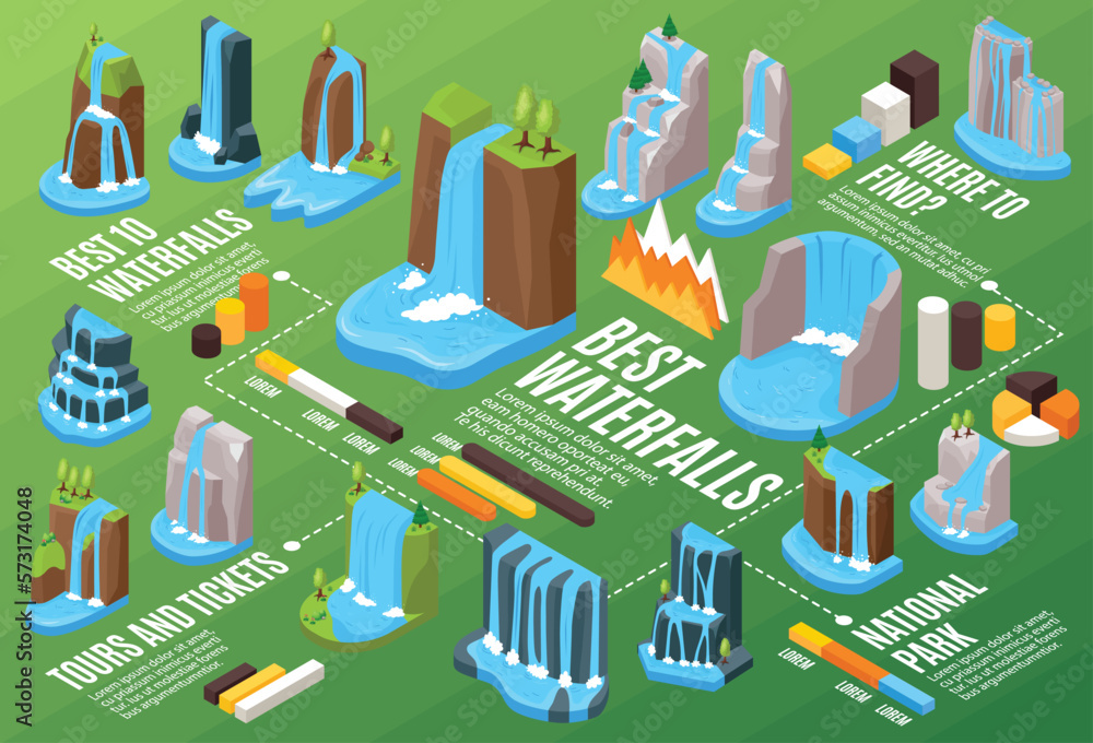 Poster waterfall isometric infographic set