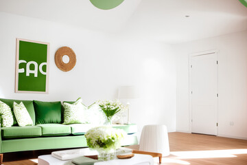 Minimalist living room with white walls and a green sofa.