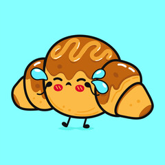 Cute crying chocolate Croissant character. Vector hand drawn cartoon kawaii character illustration icon. Isolated on blue background. Sad Croissant character concept