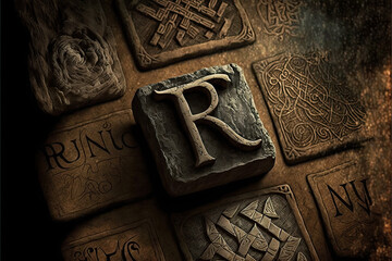 Runes, An ancient Germanic alphabet that is used for divination and magic. Mystic still life with stone runes. AI generative - obrazy, fototapety, plakaty