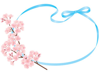 桜の枝とリボンのフレームのイラスト（水色）