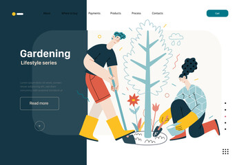 Lifestyle website template - Gardening - modern flat vector illustration of a man and a woman digging and fertilizing a tree. Planting and care gardening activity. People activities concept