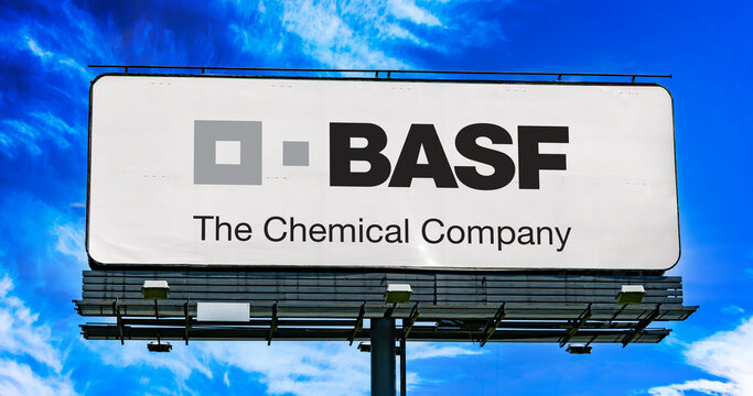 Advertisement billboard displaying logo of BASF