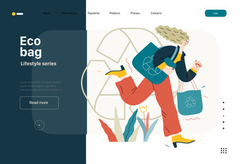 Lifestyle website template - Eco bag - modern flat vector illustration of woman holding her eco bags and recycle sign, ecology metaphor. People activities concept