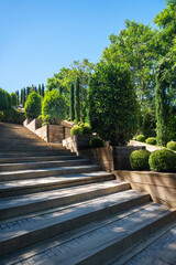 Stairs in the city park with bushes and trees on a sunny summer day with shadow.