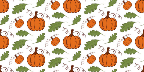 Seamless pattern Pumpkins and leaves. Vector imege doodle style. Green and orange.