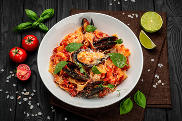 Italian seafood spaghetti pasta pescatore with mussels clams shrimp