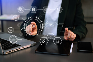 API Application Programming Interface, woman using laptop, tablet and smartphone with virtual screen API icon Software development tool, modern technology and networking concept.