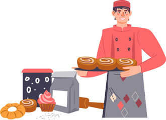 Baker standing with baked bread and pastry items. Bakery or bakehouse emblem or banner, logo or...