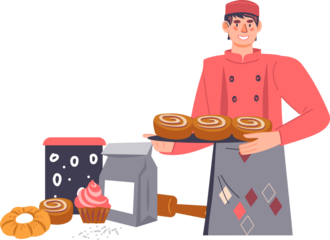 Baker standing with baked bread and pastry items. Bakery or bakehouse emblem or banner, logo or label.