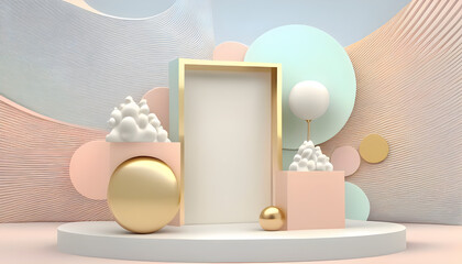 AI Generated, 3D product display stage with lighting, cosmetic product showcase  with vanilla sky background.