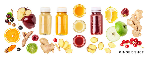 Ginger shot bottles and fresh fruits set. PNG isolated with transparent background. Flat lay, top view. Without shadow.