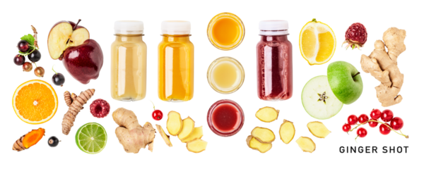 Ginger shot bottles and fresh fruits set. PNG isolated with transparent background. Flat lay, top view. Without shadow.