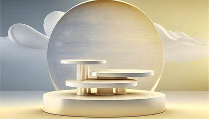 AI Generated, 3D product display stage with lighting, cosmetic product showcase  with vanilla sky background.