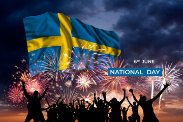 Sky with holiday fireworks and flag of Sweden
