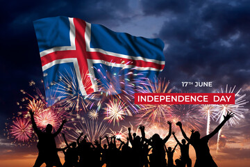 Sky with holiday fireworks and flag of Iceland
