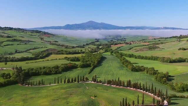 Tuscany aerial landscape of farmland hill country at morning with fog. Italy, Europe