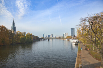 Fototapeta premium View of the Main river as it passes through Frankfurt, Germany.