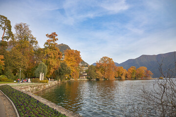 Fototapeta na wymiar Shore of Lake Lugano in Switzerland.