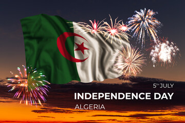 Sky with majestic fireworks and flag of Algeria