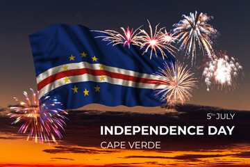 Sky with majestic fireworks and flag of Cape Verde
