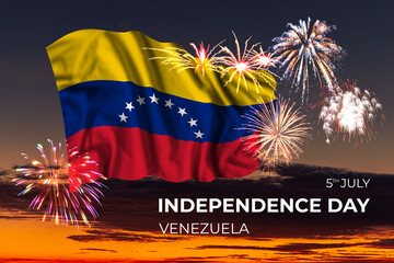 Sky with majestic fireworks and flag of Venezuela