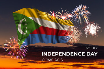 Sky with majestic fireworks and flag of Comoros