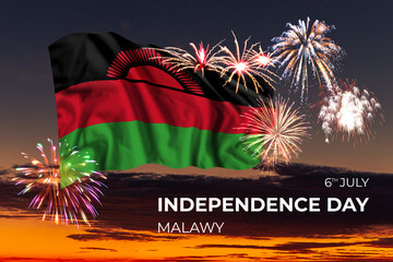 Sky with majestic fireworks and flag of Malawy
