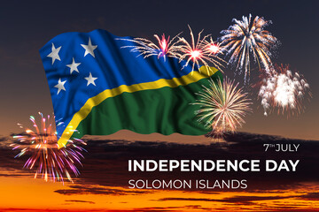 Sky with majestic fireworks and flag of Solomon Islands