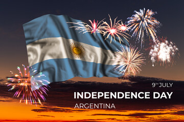 Sky with majestic fireworks and flag of Argentina