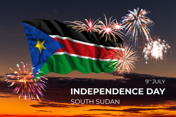 Sky with majestic fireworks and flag of South Sudan
