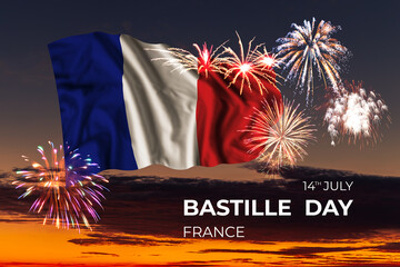 Sky with majestic fireworks and flag of France