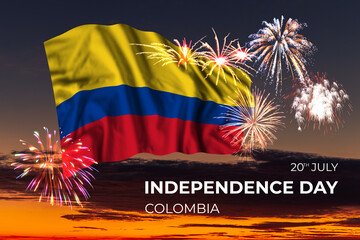Sky with majestic fireworks and flag of Colombia