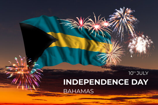 Sky with majestic fireworks and flag of Bahamas