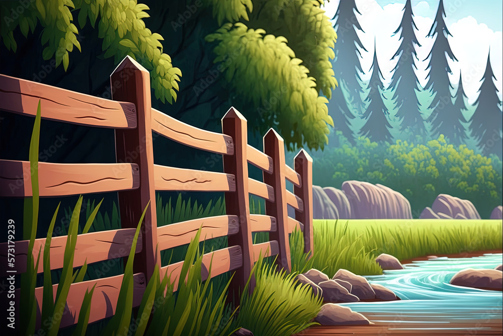 Poster zooming in on a wooden fence with a waterfall in the distance generative ai