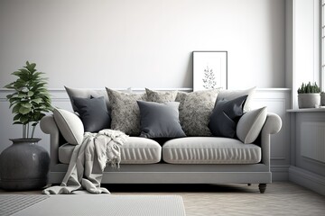 Grey sofa with pillows near white wall in stylish living room interior