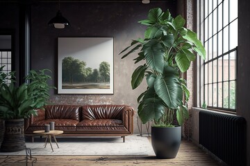 A luxurious large bright living room with a large green potted plant in an industrial style with a brown leather sofa and a brick-and-white wall. Clean interior