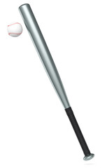 Metal professional softball or baseball bat and ball isolated on white.