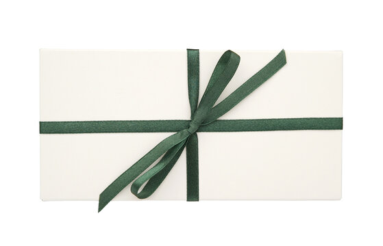 White rectangle gift box with green ribbon, Birthday, Christmas gift, transparent background.