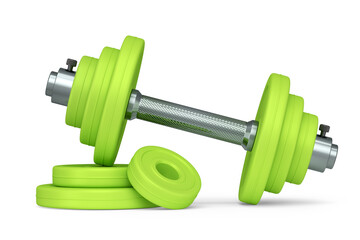 Metal dumbbell with green disks isolated on white background