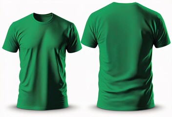 Green men T-shirt template with invisible model body, empty crewneck shirt front and back view