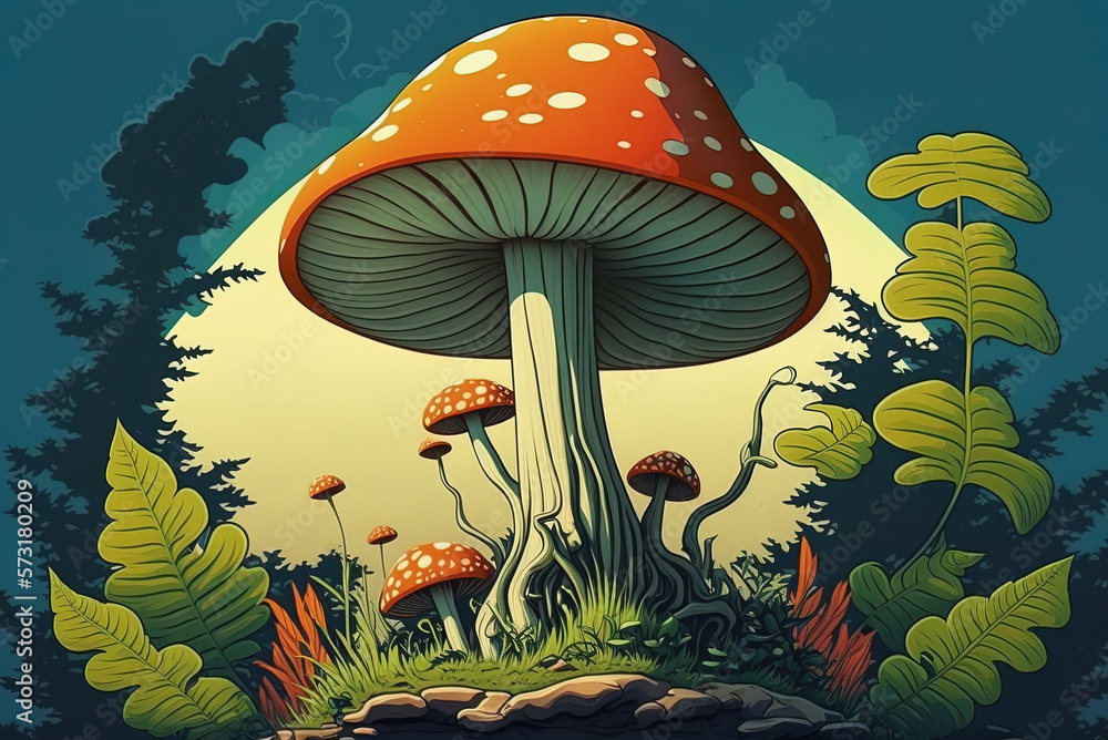 Poster a vertical view of a mushroom in the wild generative ai