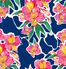 Picturesque bright seamless floral pattern red pink roses painted in oil with large strokes for wallpapers, textiles, cards, posters, prints on a dark blue background.