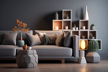 Creative composition of stylish modern spacious living room with grey sofa, wooden cubes, pillows, plaid, carpet, white vases and small personal accesories. Copy space