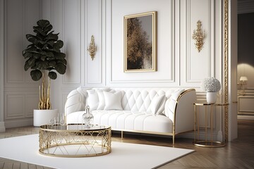 Elegant interior, gold living room with white sofa