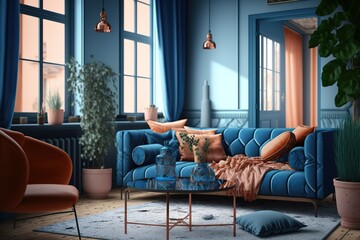 Living room in blue with terracotta tables. 3d render,Octane Render
